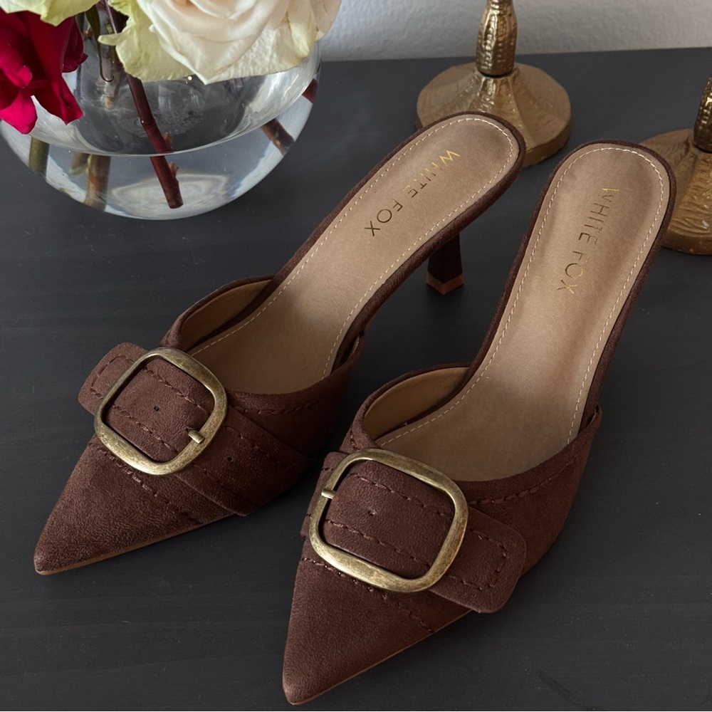 White Fox Boutique Brown Heels with Gold Buckle